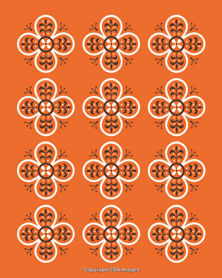 Decorative Orange and Black Geometric Floral Pattern Seamlessly Tiled