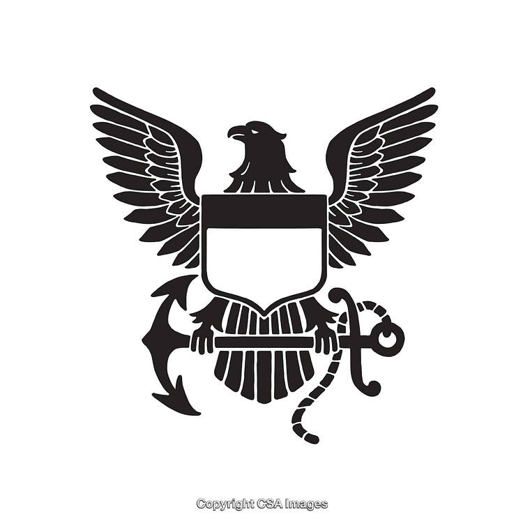 Eagle Emblem with Anchor and Shield in Black and White Line Art