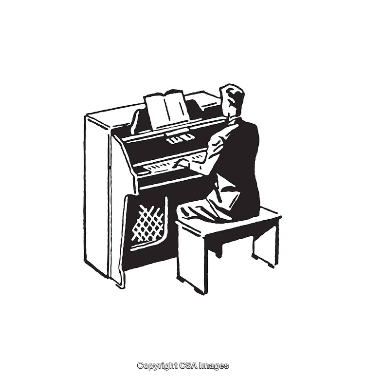 Vintage Black and White Illustration of a Man Playing Piano