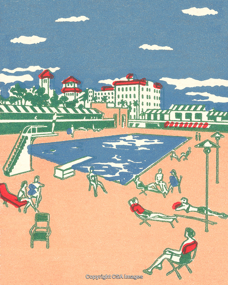 Vintage Poolside Resort Scene With Buildings and Relaxing Guests