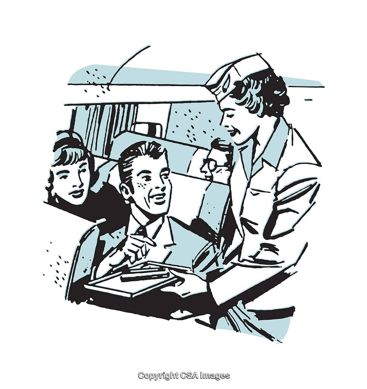 Retro Airline Stewardess Interacting with Passengers in a Snappy Illustration
