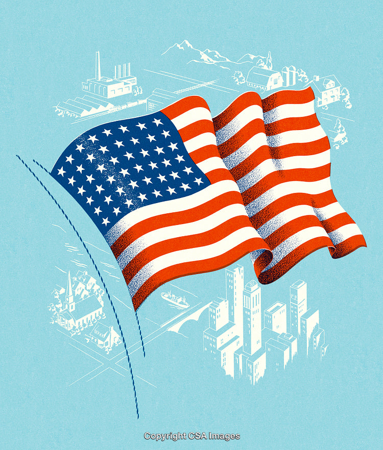 American Flag Waving in Front of Iconic Urban and Rural Scenes