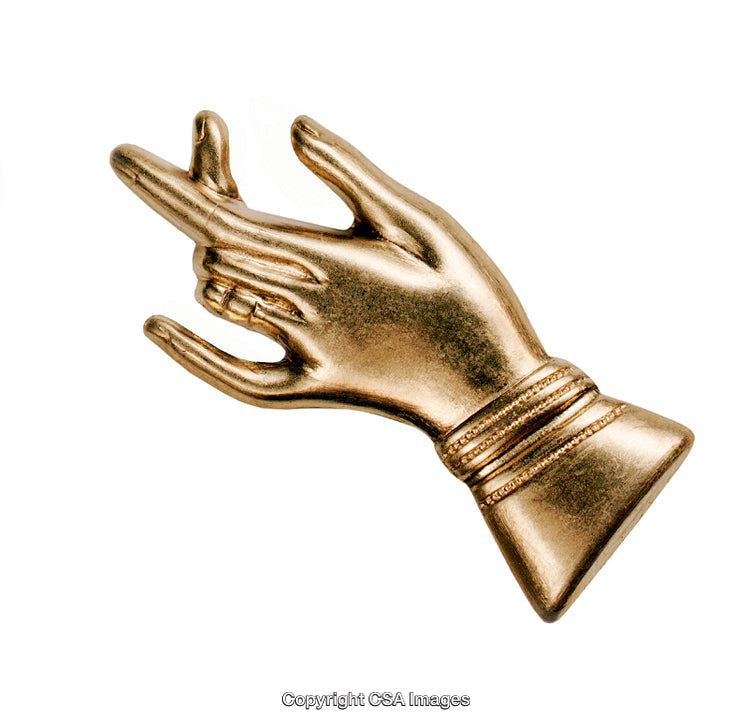 Golden Metallic Hand Figurine Displaying Gesture on White Background
