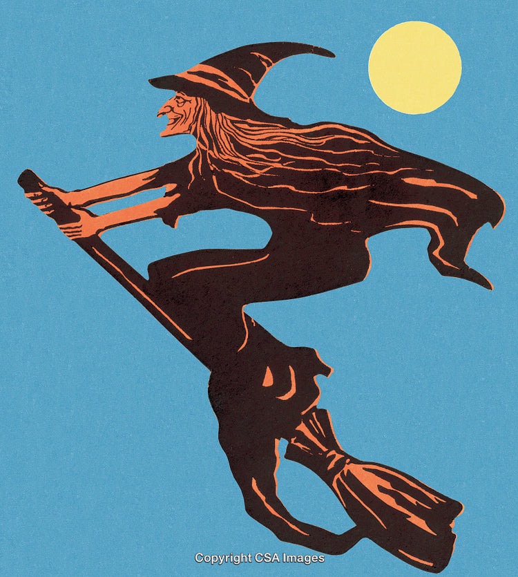 Vintage Illustration of a Flying Witch Against a Full Moon
