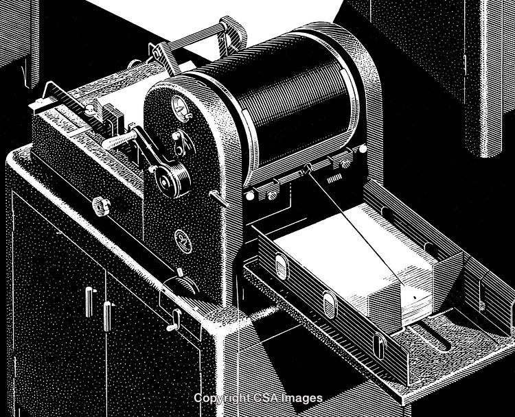 Vintage Engraving of Industrial Printing Equipment in Black and White