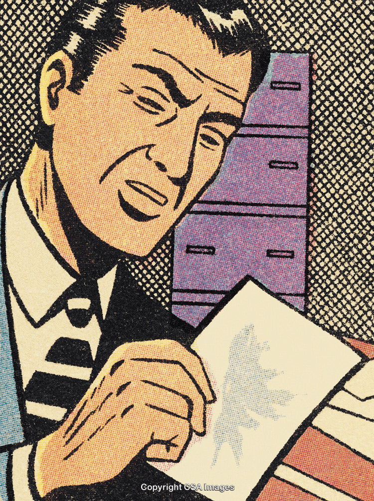 Retro Style Illustration of a Thoughtful Man with a Document