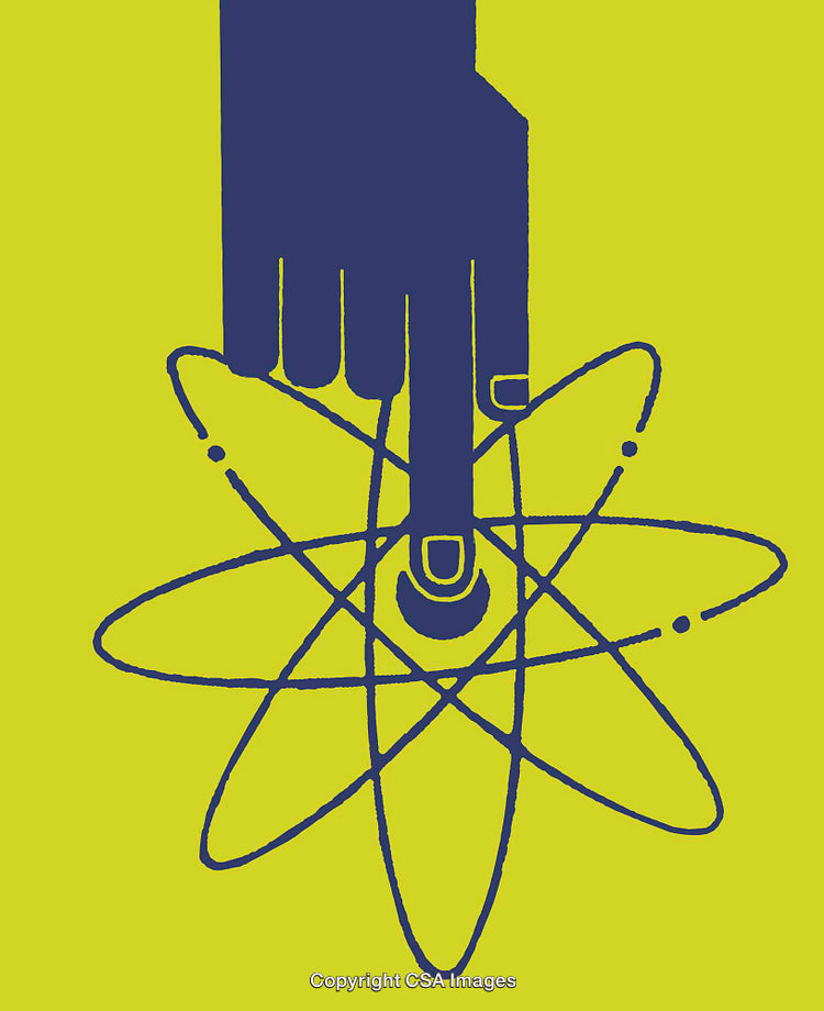 Hand Touching Atomic Structure Symbol in Bold Line Art