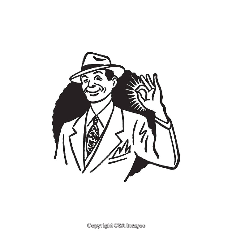 Vintage Businessman Illustration Showing Okay Gesture in Black and White Line Art