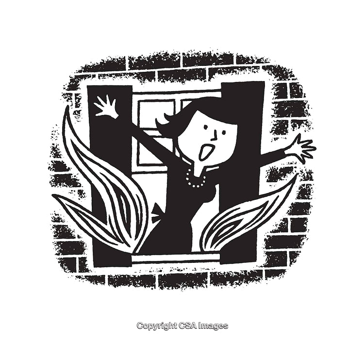 Black and White Line Art Illustration of Woman Yelling from a Window