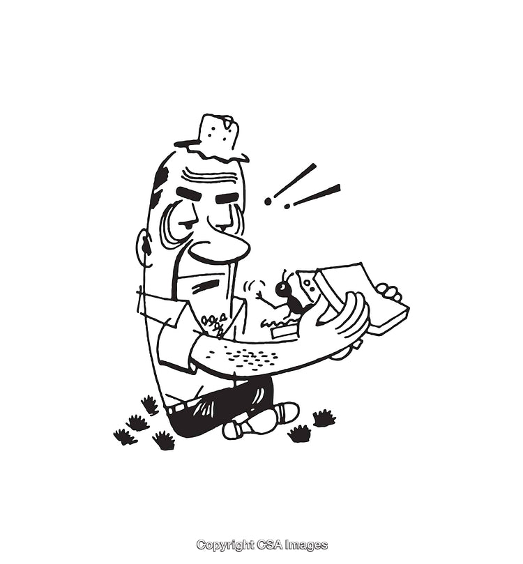 Black and White Cartoon Illustration of Man Reacting to Ant in Sandwich