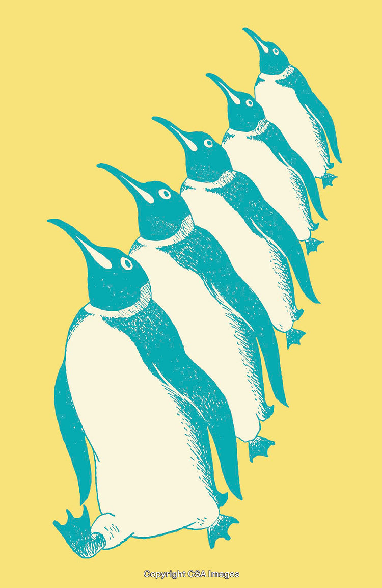 Stylized Illustration of Penguins in a Cheerful Yellow Background