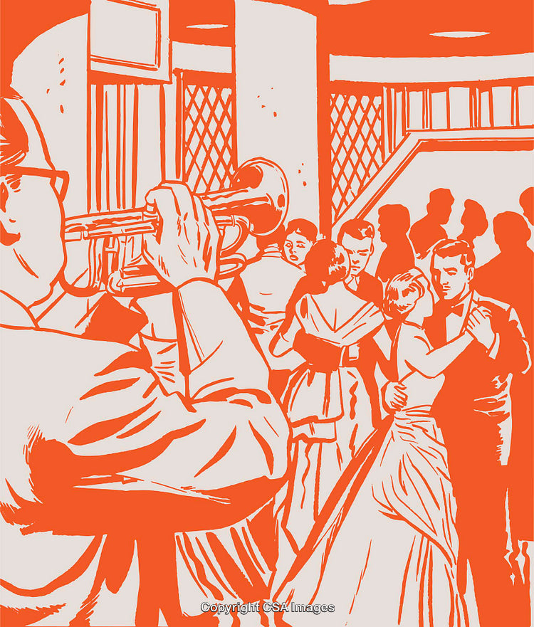 Vintage Illustration of a Trumpeter and Dance Event in the 1950s Style
