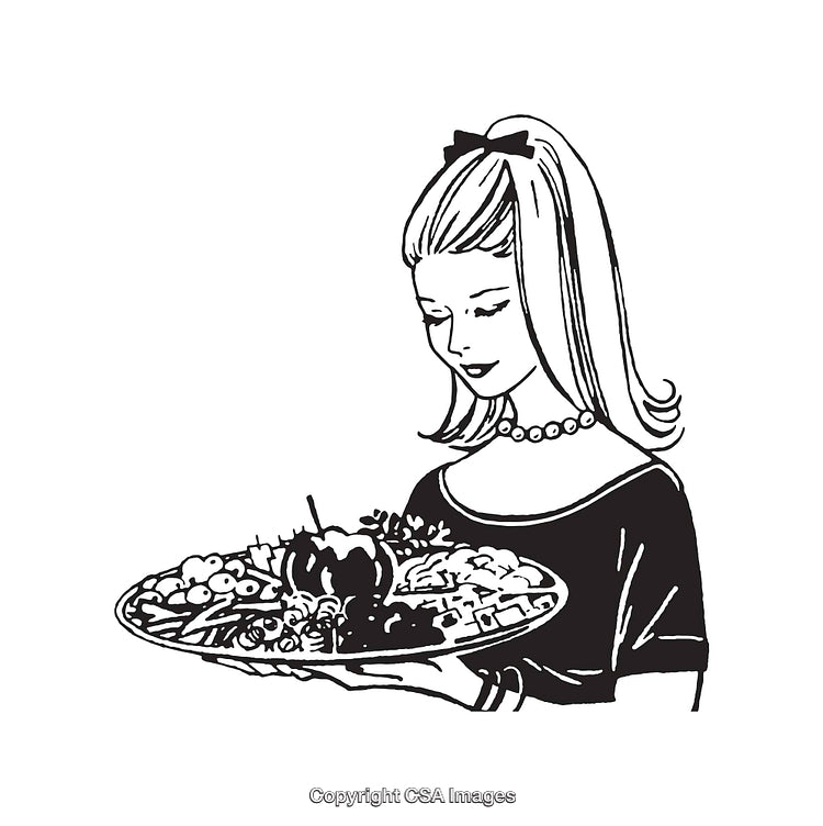 Woman Holding Decorative Tray of Food in Black and White Line Art