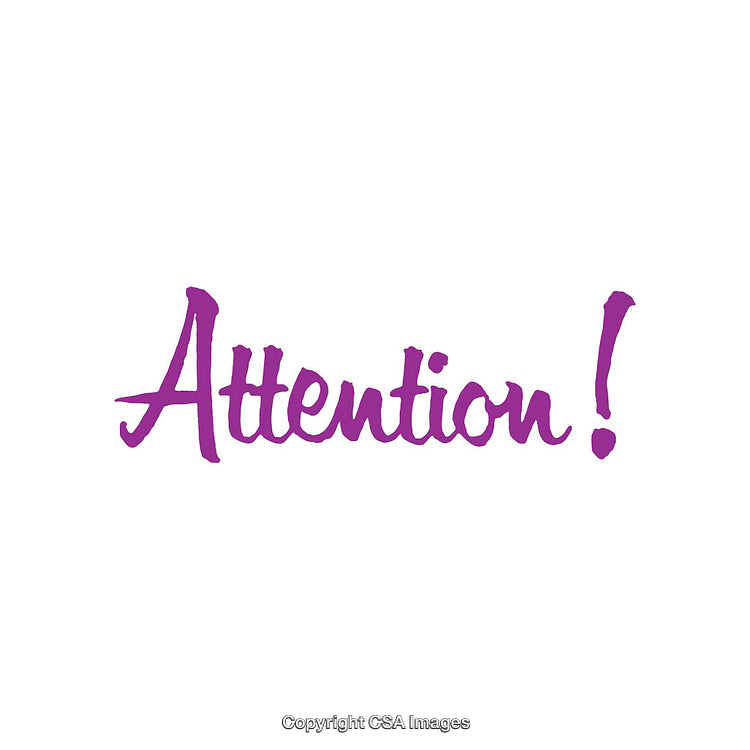 Purple Attention Text on White Background with an Exclamation Mark Emphasis