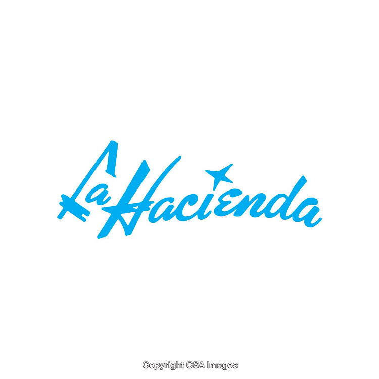 Blue La Hacienda Logo with Elegant Calligraphy and Decorative Elements