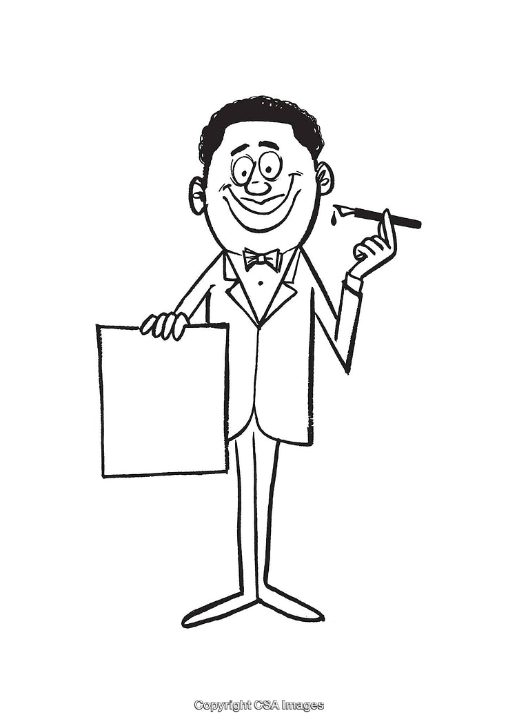Cartoon Drawing of a Man in Formal Attire Holding a Paper and Pen