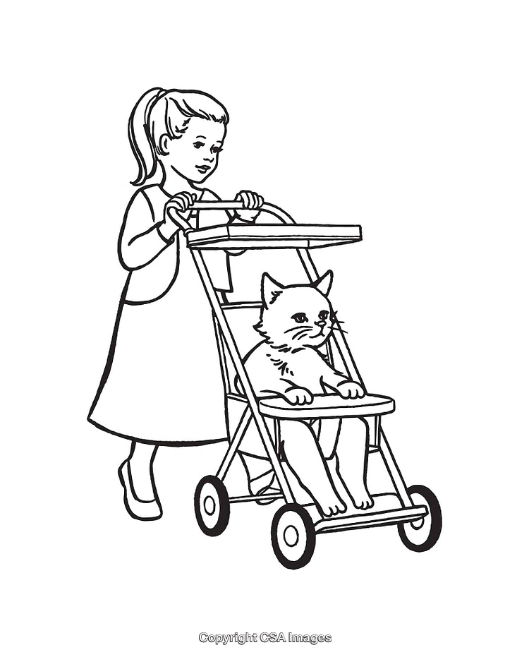 Girl Pushing Cat in a Stroller - Whimsical Black and White Line Art