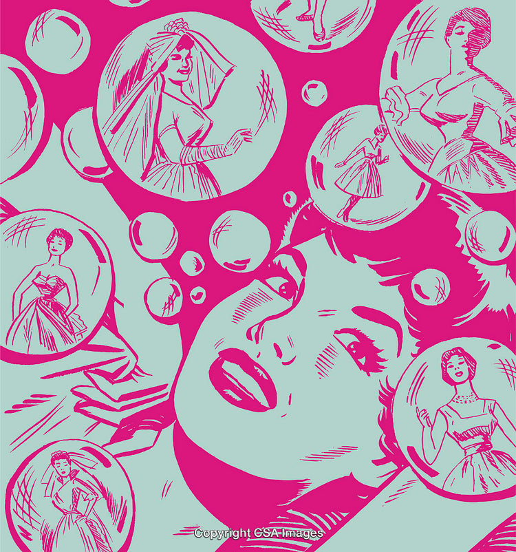 Retro Illustrative Design Showcasing Women in Vibrant Pop Art Style Bubbles