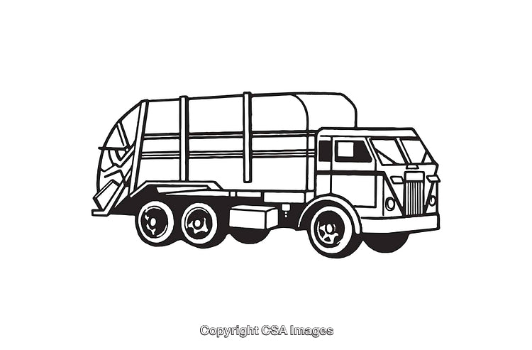 Vector Line Art Illustration of a Garbage Truck in Black and White