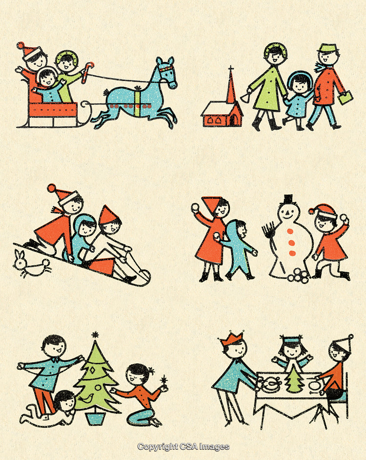 Vintage Christmas-Themed Illustration Depicting Joyful Holiday Activities and Celebrations