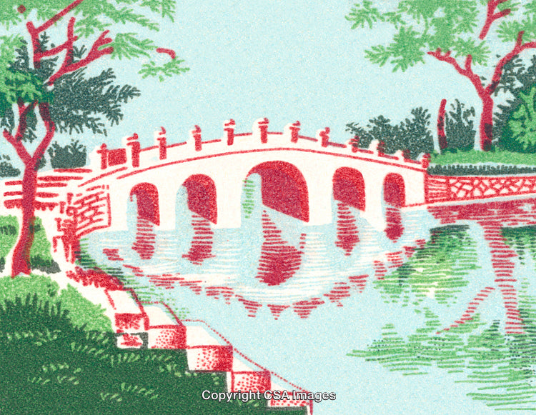 Vintage Illustration of a Serene Bridge Over a Reflective Waterway in Nature