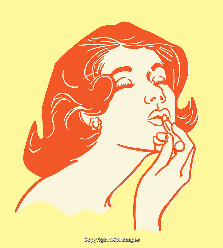Vintage-Inspired Line Art of Woman Applying Lipstick on Yellow Background