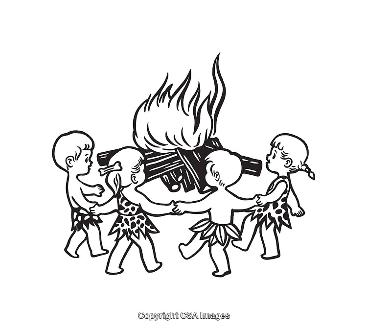 Children Dancing Around a Fire in Black and White Line Art