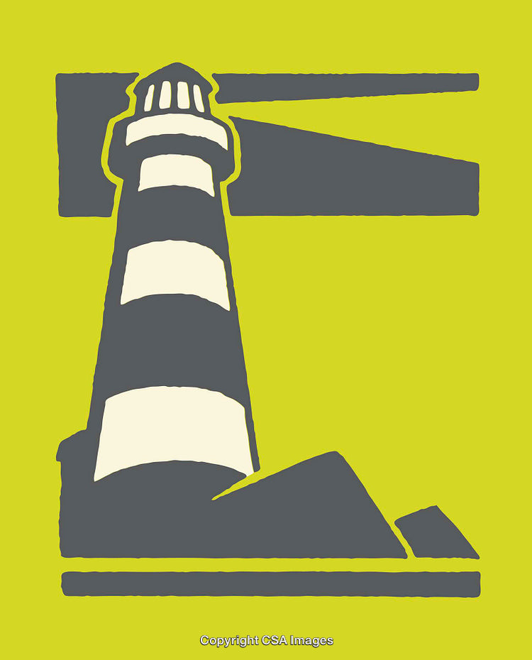 Stylized Lighthouse Illustration with Bright Colors and Bold Design Elements