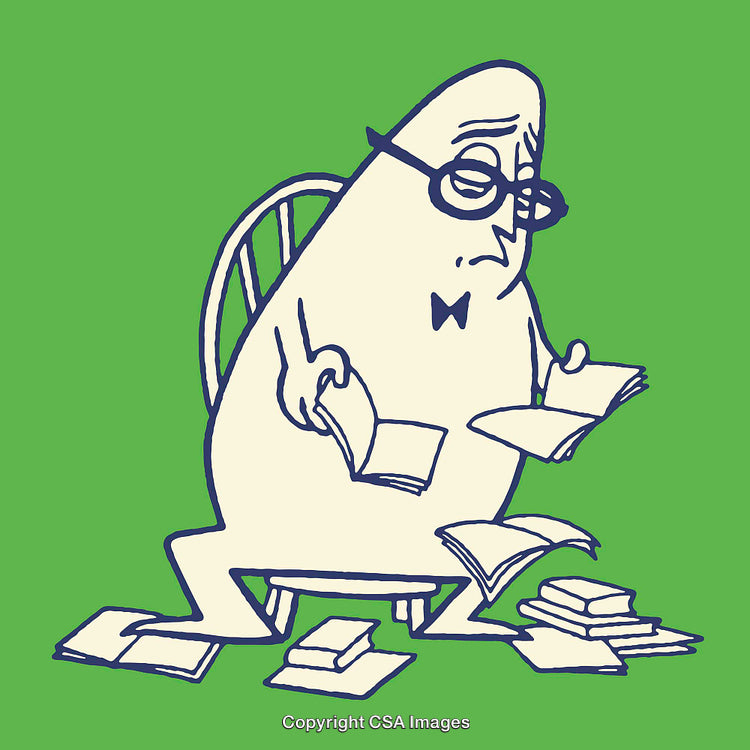Cartoon Illustration of a Thoughtful Character Reading Multiple Books