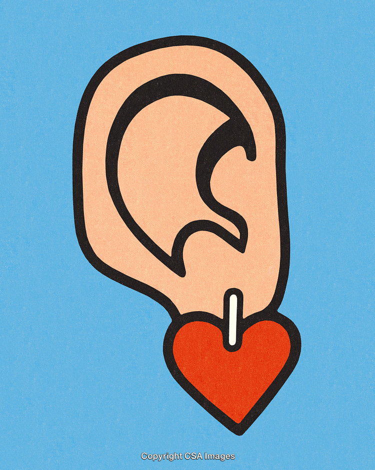 Stylized Illustration of an Ear with Heart-Shaped Earring on Blue Background