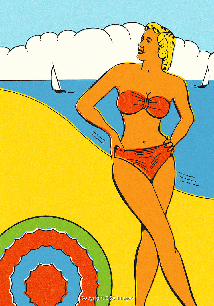 Bright and Vibrant Vintage-Style Illustration of A Woman on the Beach