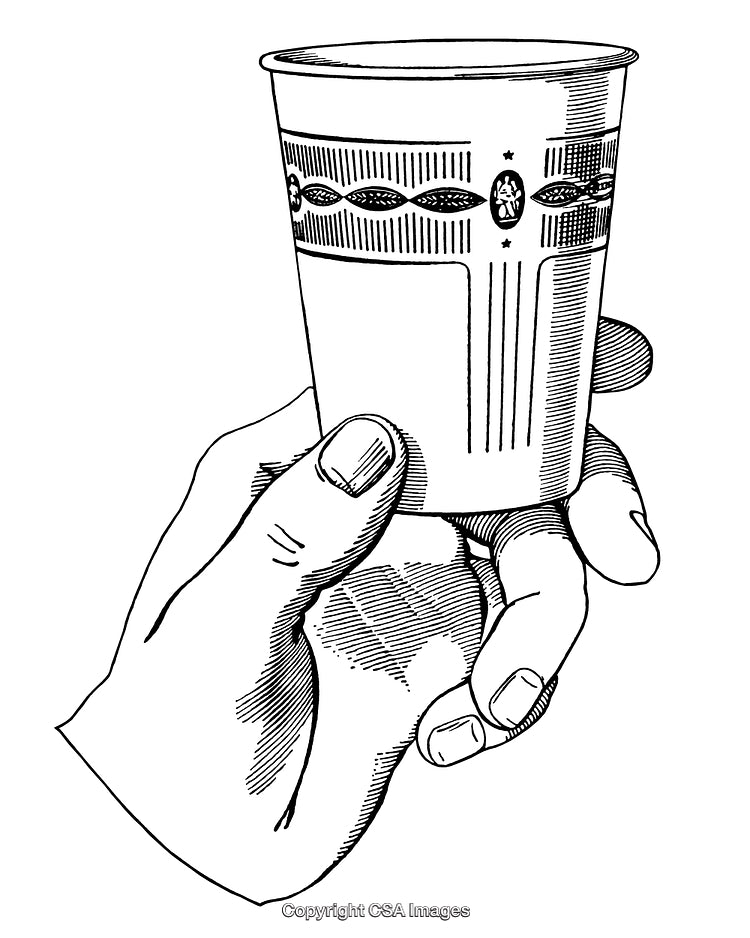 Black and White Engraving of Hand Holding a Decorated Cup