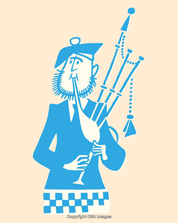 Illustration of a Bagpiper Playing Traditional Scottish Bagpipes in Blue