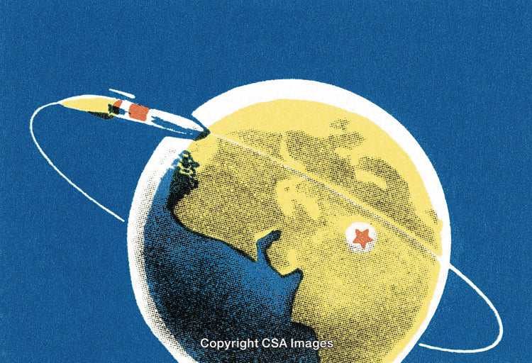Retro Illustration of Space Rocket Orbiting Around Earth