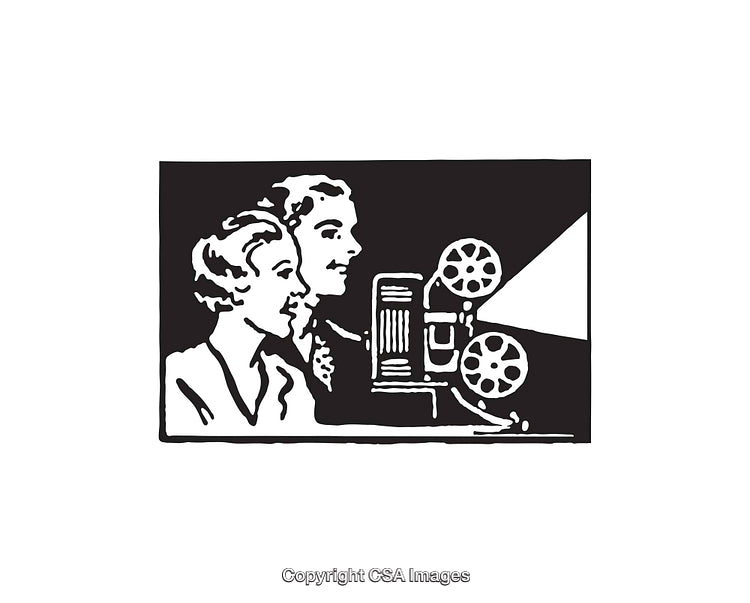 Vintage Black and White Illustration of Film Projector and People
