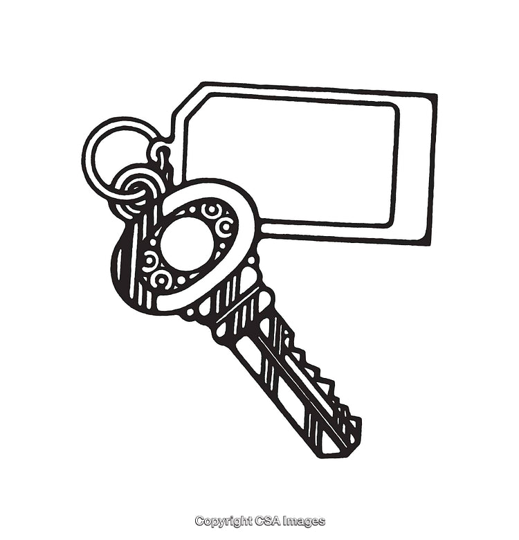 Black and White Line Art Illustration of a Key and Key Tag