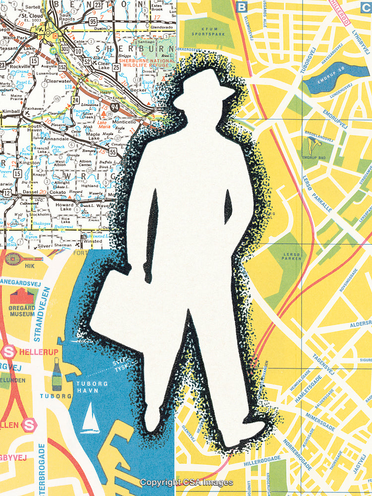 Abstract Silhouette Figure Overlaying a Colorful Geographical Map