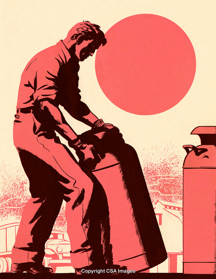 Vintage Styled Illustration of a Worker Lifting a Large Cylinder in a Factory