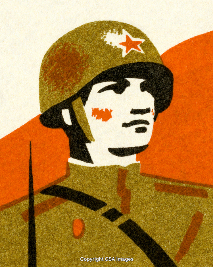 Illustrated Soldier in Uniform with Star Emblem on Helmet in Retro Style