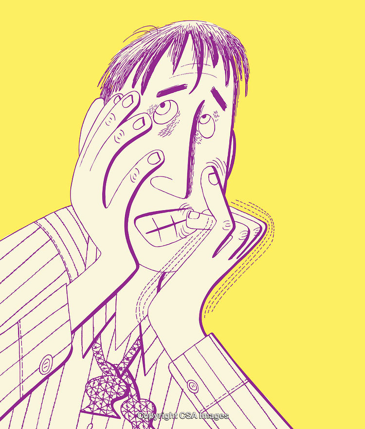 Frustrated Cartoon Character in Hand-Drawn Line Art Style on Yellow Background