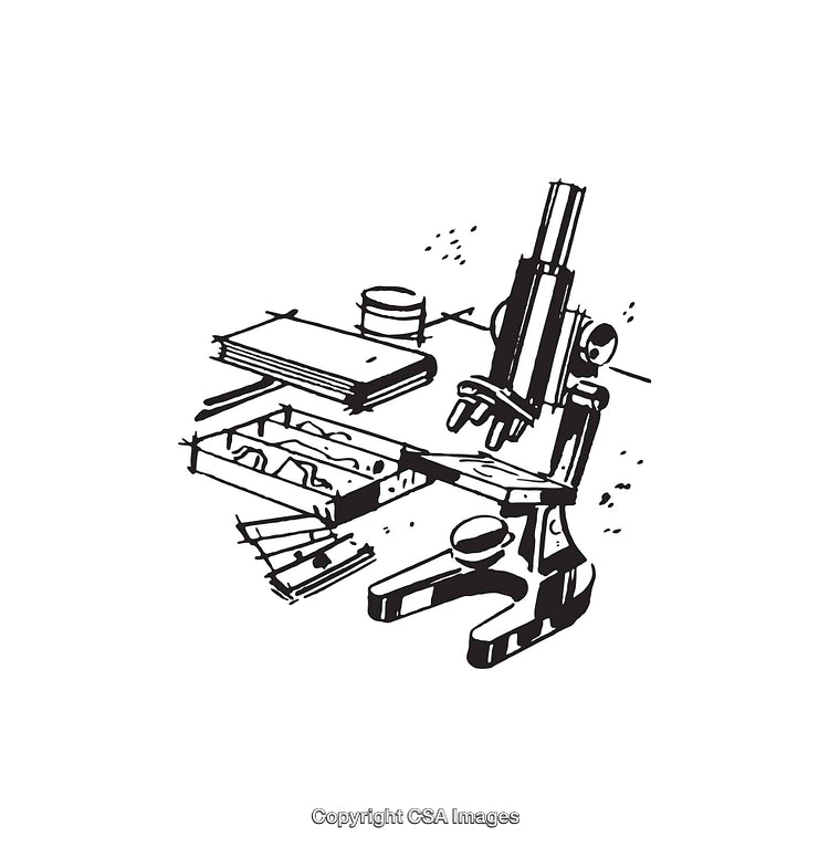 Black and White Illustration of Laboratory Microscope and Accessories