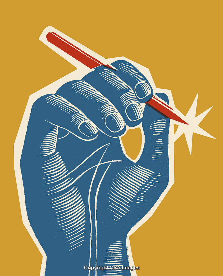 Illustrated Hand Holding Pencil on Yellow Background with a Spark Effect