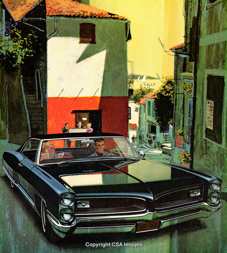 Vintage Illustration of a Couple Driving a Classic Car Through a Charming Street