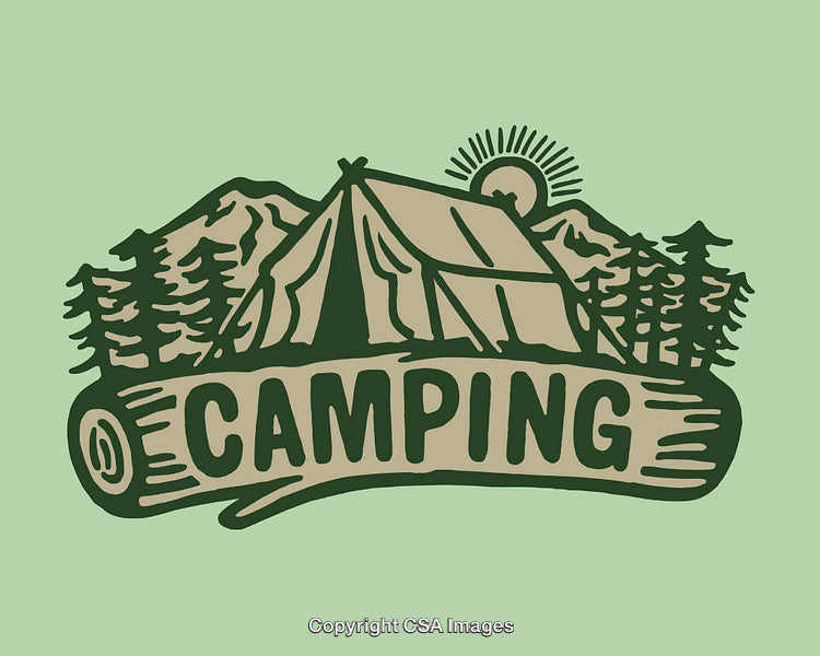 Vintage Camping Illustration with Tent and Forest Scenery