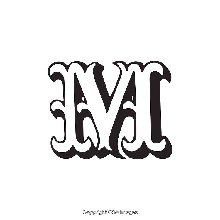 Ornately Styled Monogram M Design in Black and White with Decorative Elements