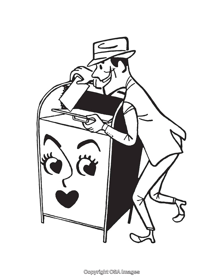 Black and White Drawing of a Man Mailing a Letter in a Box