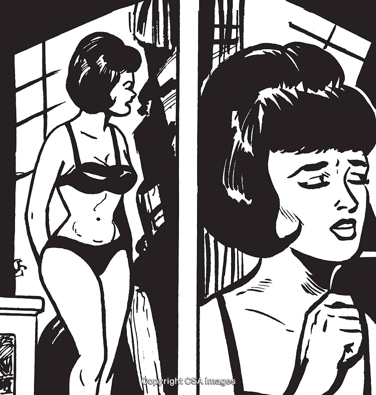 Vintage Style Comic Illustration Depicting a Woman in Two Emotional Frames