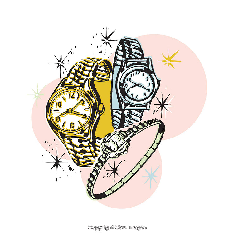Elegant Illustrated Watches with Retro Aesthetic and Vibrant Colors
