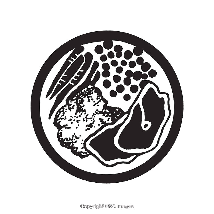 Black and White Line Art Illustration of a Food Plate with Meals