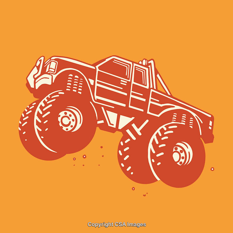 Dynamic Monster Truck Line Art Illustration on Vibrant Orange Background